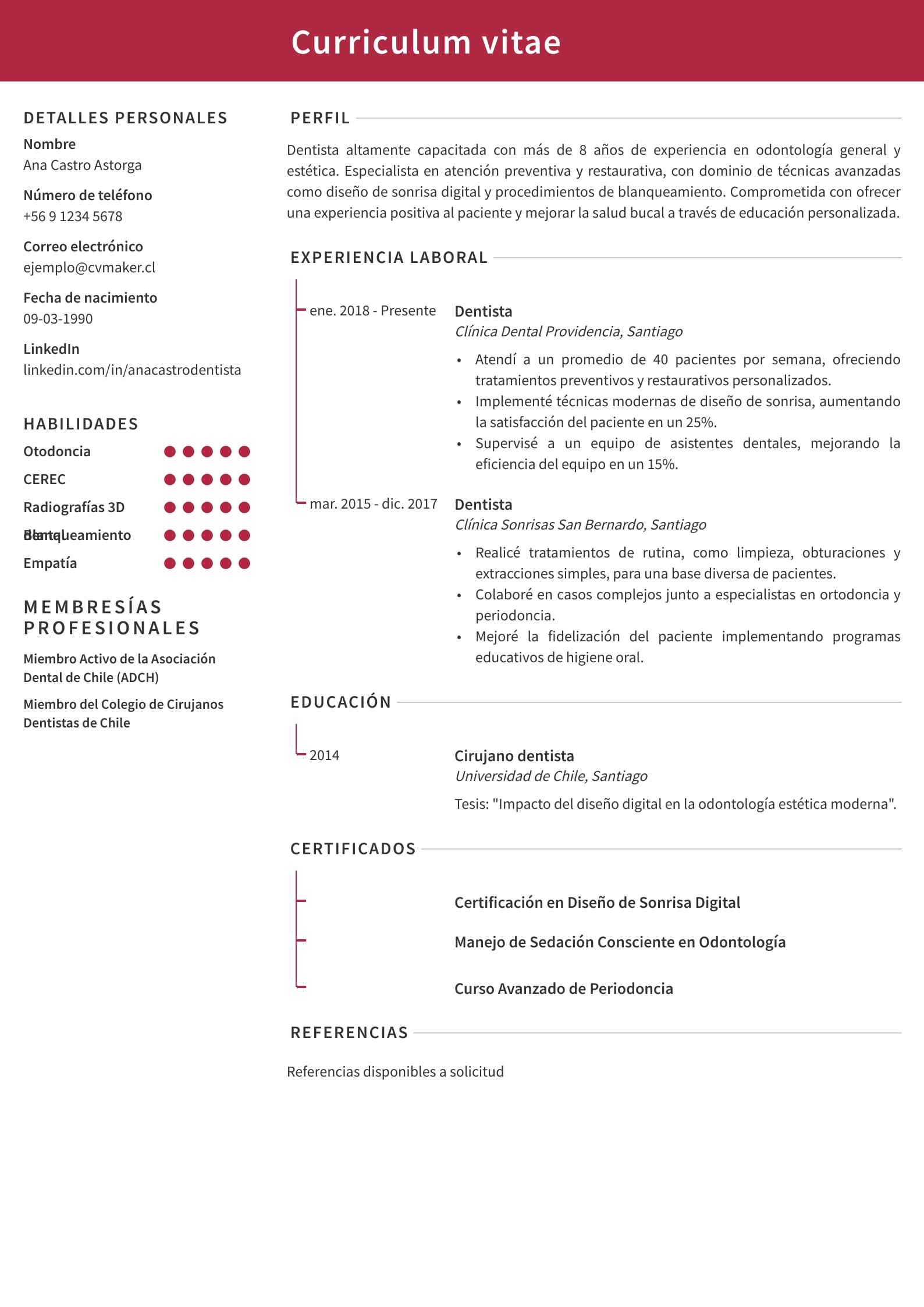 Ejemplo de CV de dentista