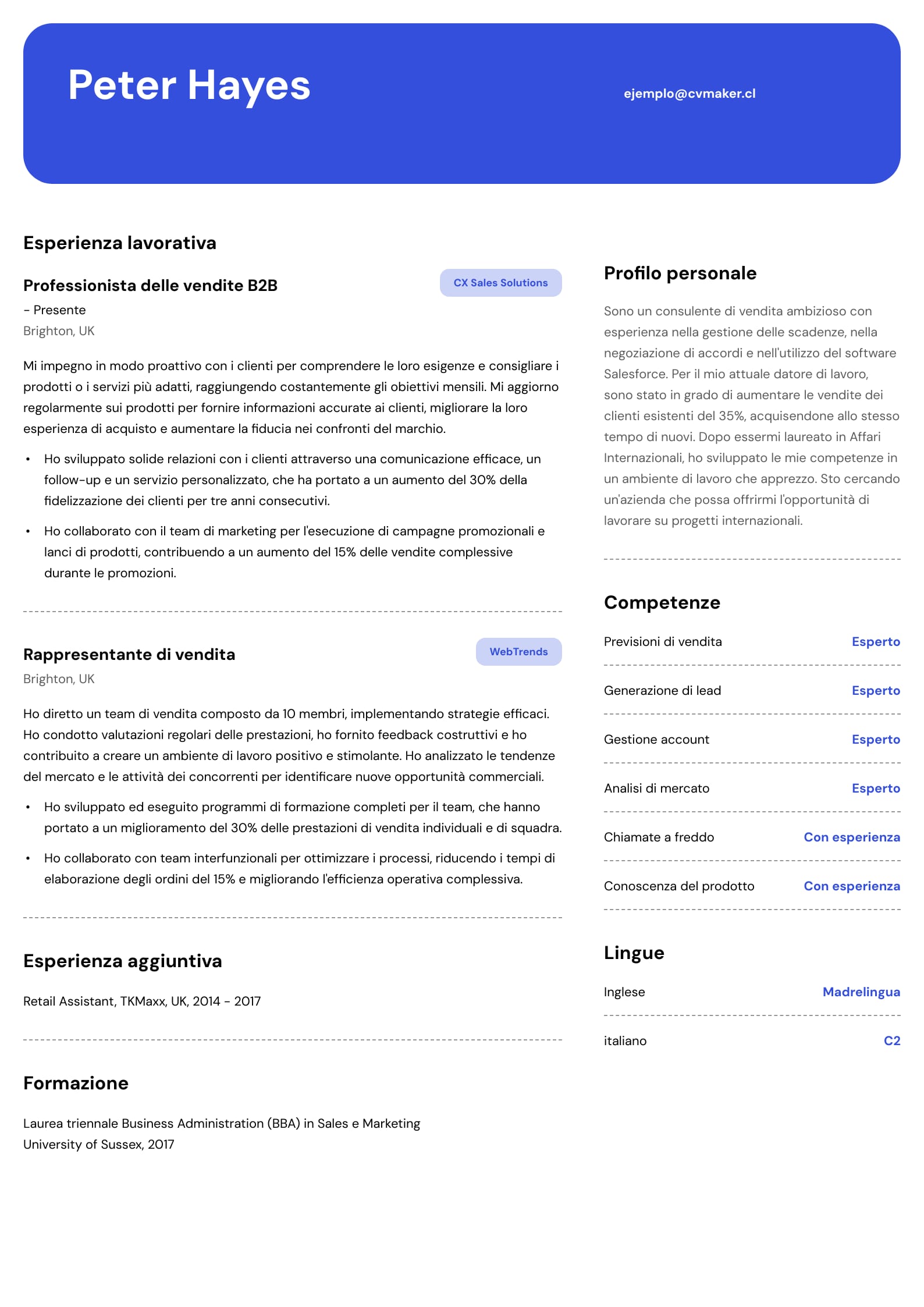 Curriculum Vitae Italiano Ejemplo